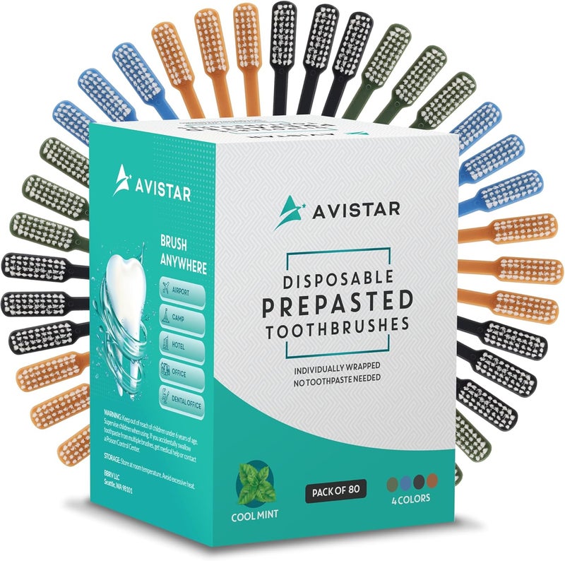 Avistar 80 Prepasted Disposable Toothbrushes Individually Wrapped - Single Use Pre Pasted Disposable Toothbrushes with Toothpaste Built in - Waterless Toothbrush for Travel, Guests, Hotel, & Camping - Image 1